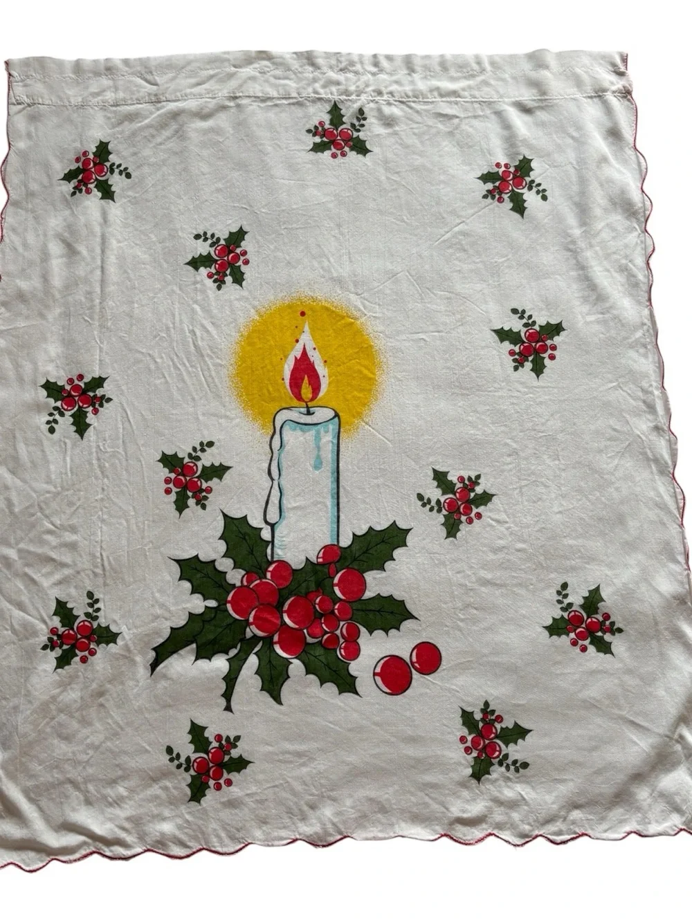 MCM Christmas Curtain Panel Holiday Textile Candle Holly Berry Red Scallop Trim